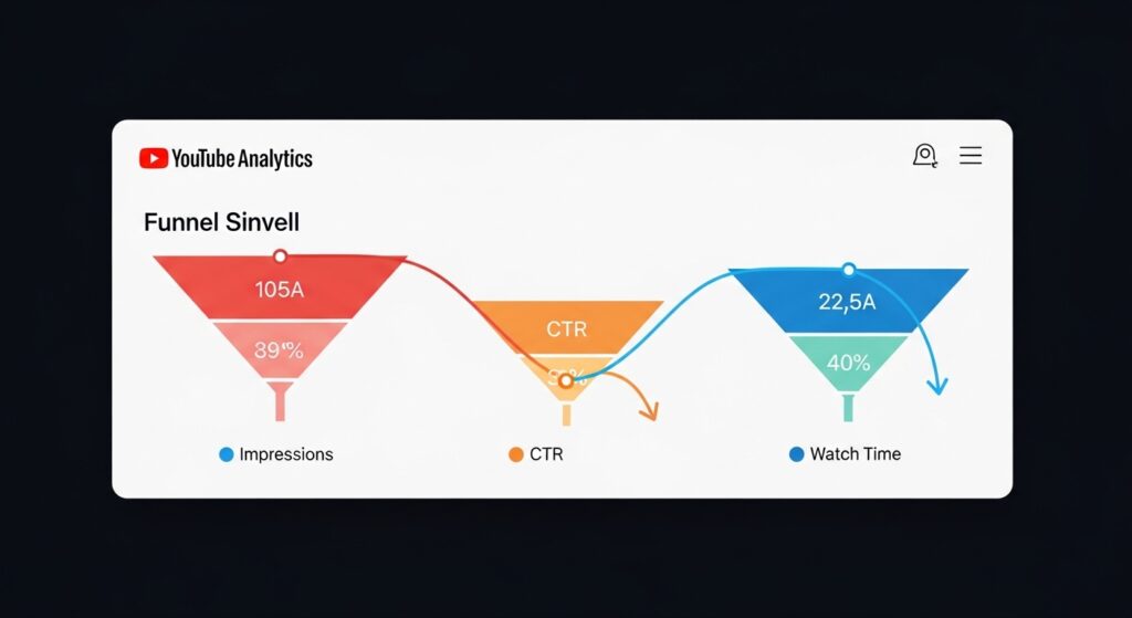 Print da tela do YouTube Analytics mostrando o funil de impressões, CTR e tempo de exibição, destacando como cada etapa afeta a outra.
